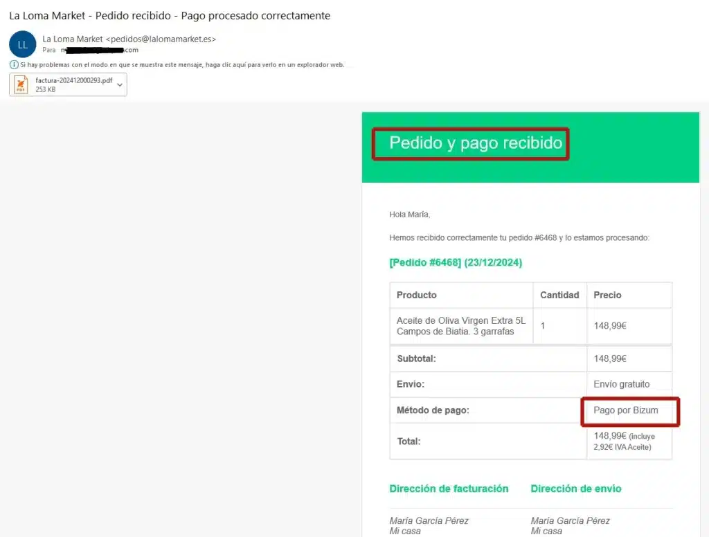 Formas de pago. Bizum. Email de pedido y pago recibido.