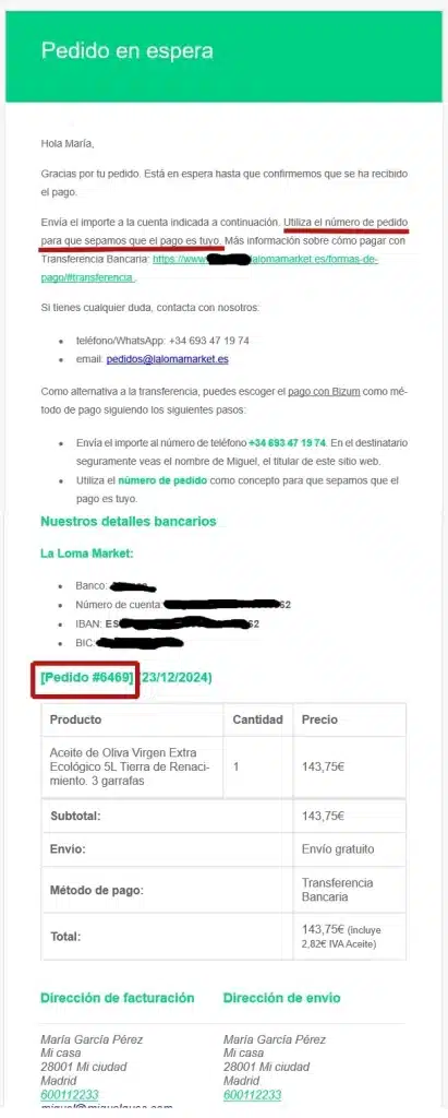 Formas de pago. Transferencia. Email de pedido en espera.