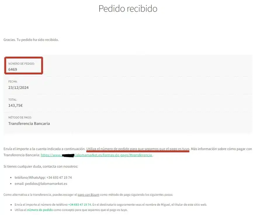 Formas de pago. Transferencia. Página de confirmación. Parte 1. Número de pedido
