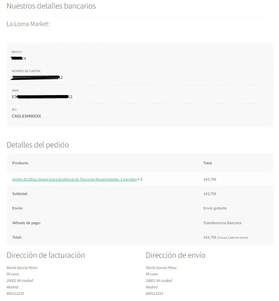 Formas de pago. Transferencia. Página de confirmación. Parte 2. Datos bancarios