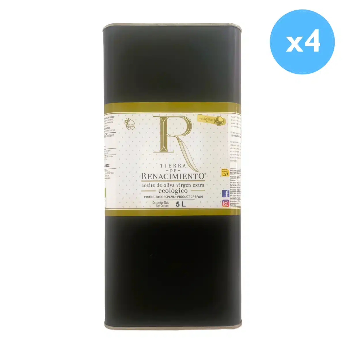 Aceite de oliva ecologico tierra-de renacimiento lata 5 litros. 4 unidades